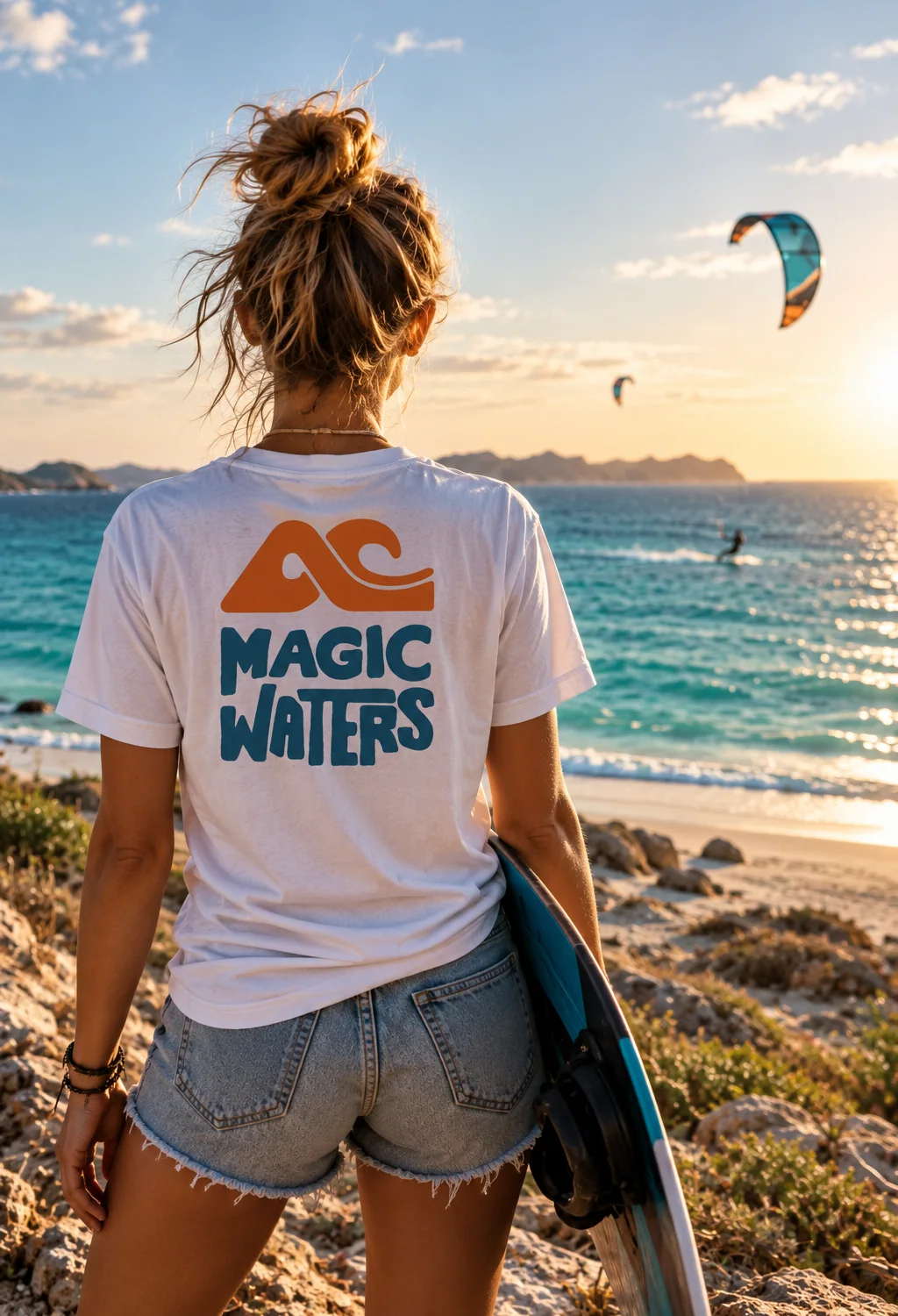Person im Magicwaters Shirt blickt aufs Meer